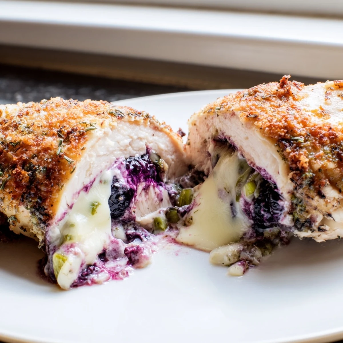 Golden baked blackberry jalapeno stuffed chicken with bubbling purple berry filling
