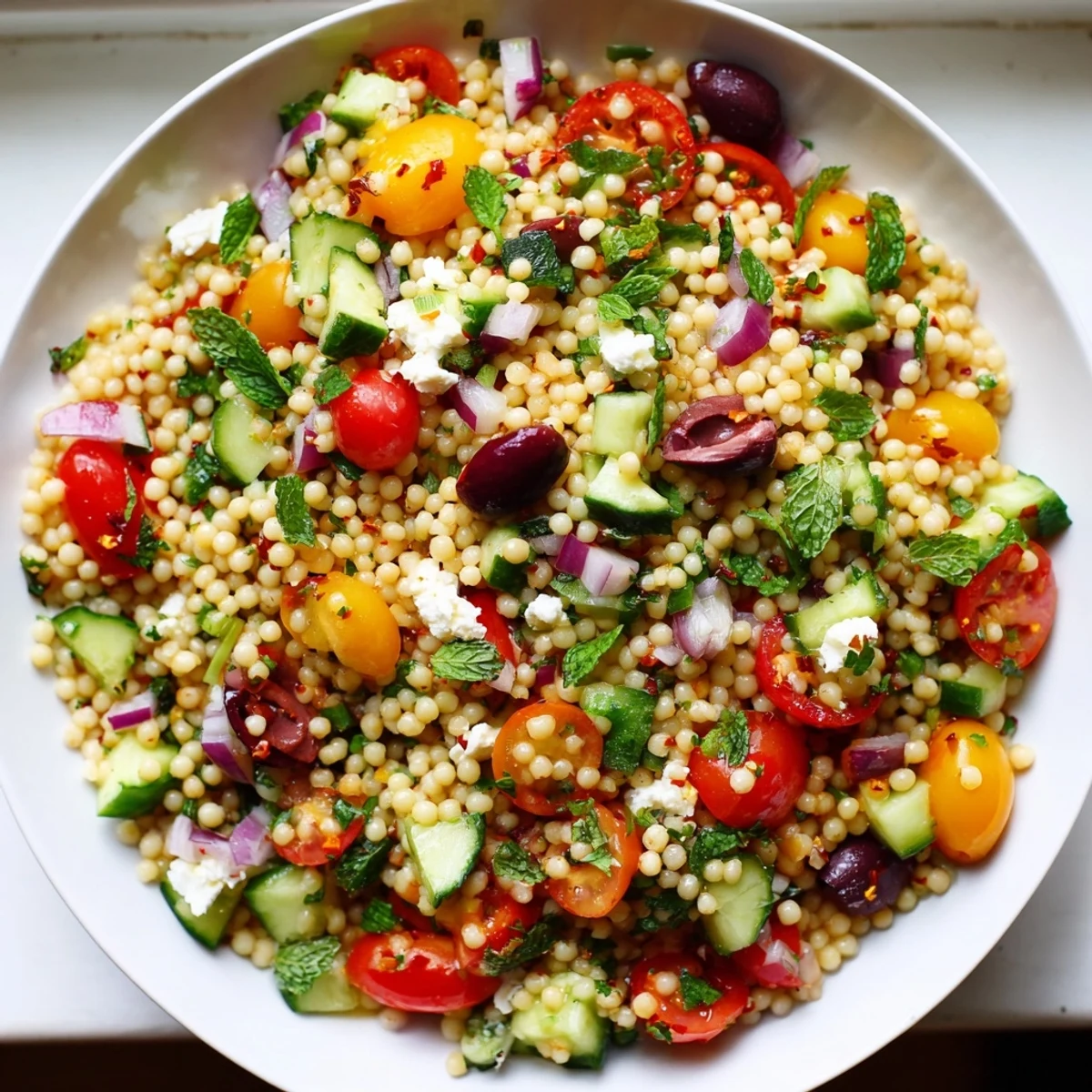 Fluffy Mediterranean couscous salad glistening with golden hot honey lemon vinaigrette and colorful vegetables