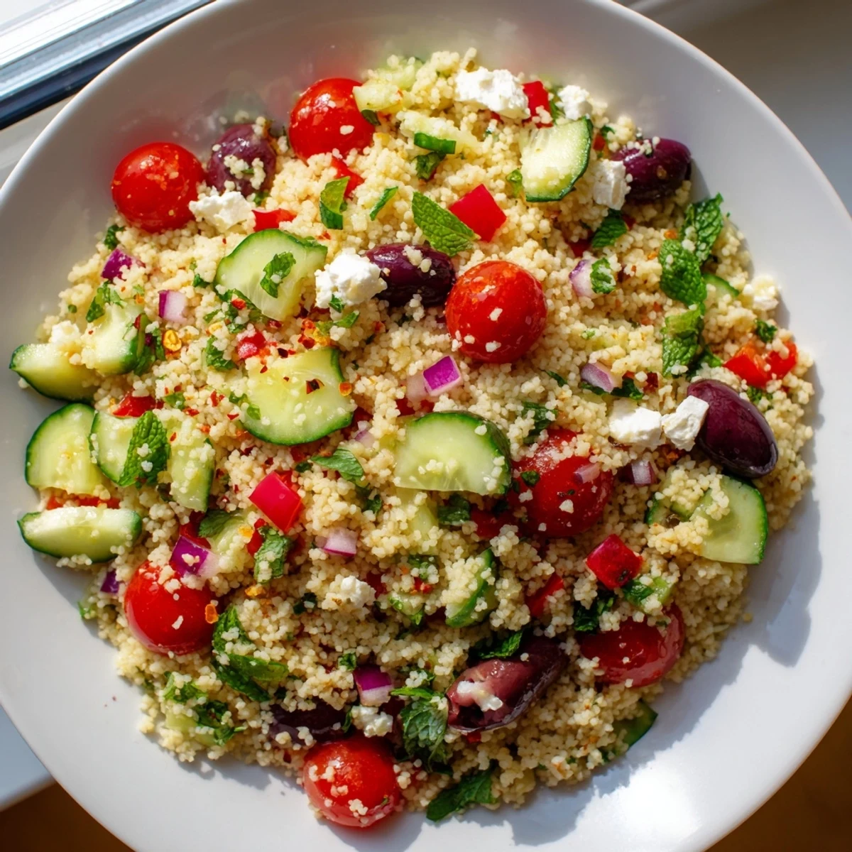 Crumbled feta and Kalamata olives atop a vibrant Mediterranean couscous salad drizzled with zesty vinaigrette