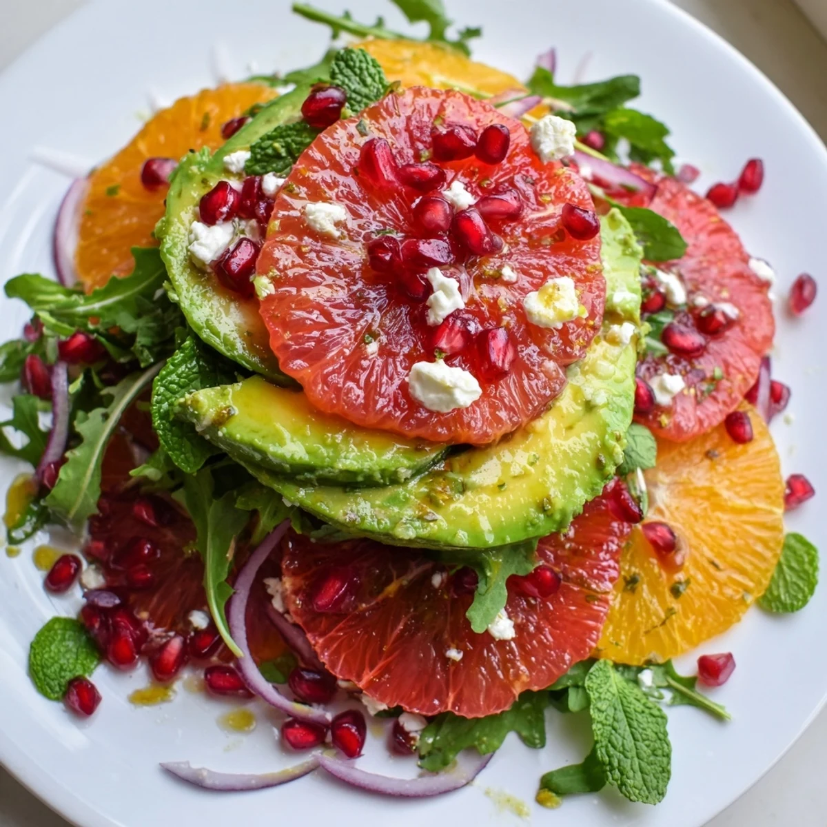 Colorful citrus salad with pomegranate seeds, avocado slices, and crumbled feta on a platter