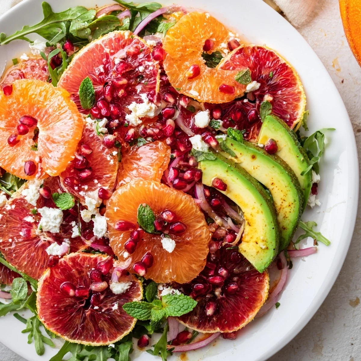 Bright Mediterranean citrus salad topped with jewel-like pomegranate arils, creamy avocado, and tangy feta