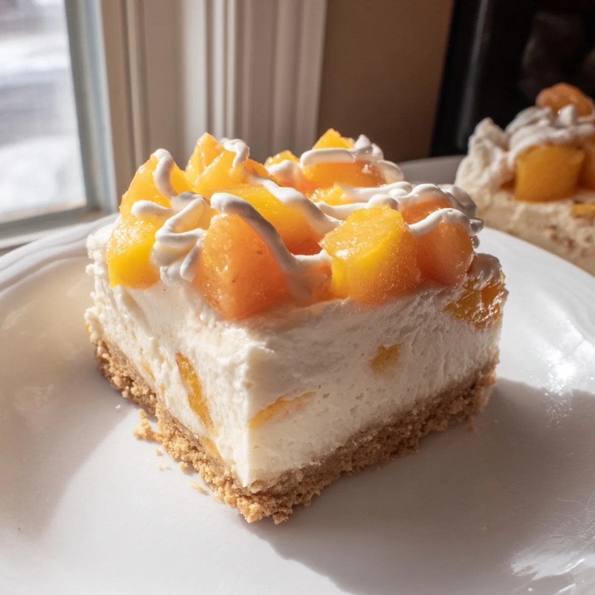 Creamy peach cheesecake bars with golden graham crust cut into neat squares