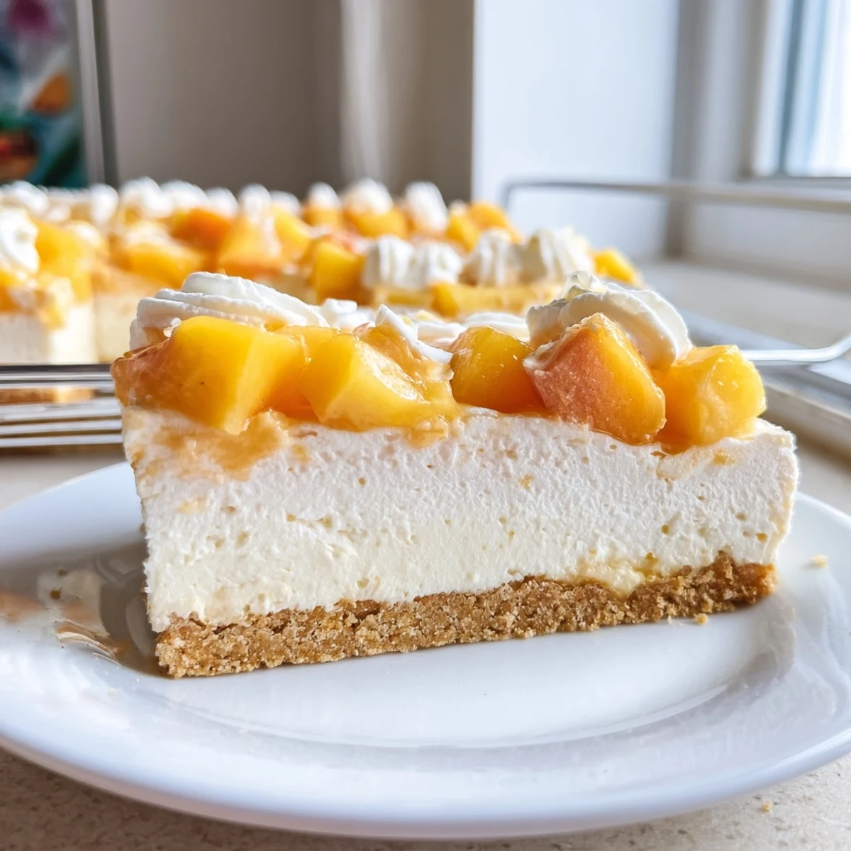 Peaches and cream cheesecake bars topped with ruby peach slices and whipped drizzle