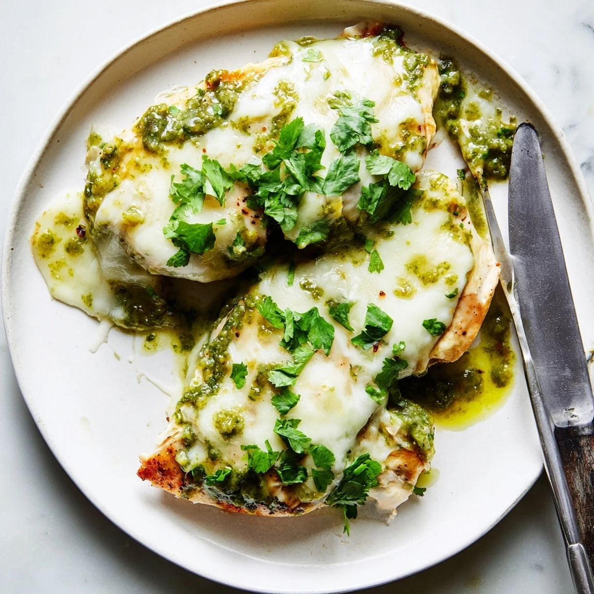 Juicy Cheesy Grilled Salsa Verde Pepper Jack Chicken topped with cilantro and lime wedges