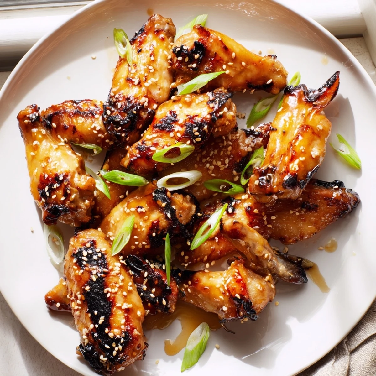 Glossy miso honey marinated chicken wings fresh from the oven on a platter