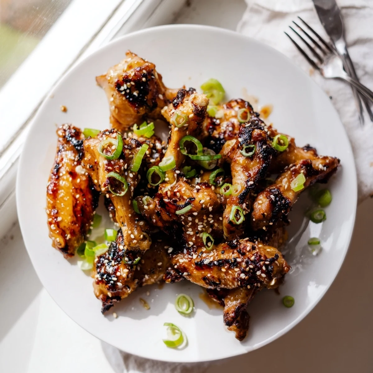 Crispy baked miso honey marinated chicken wings topped with sesame seeds and scallions