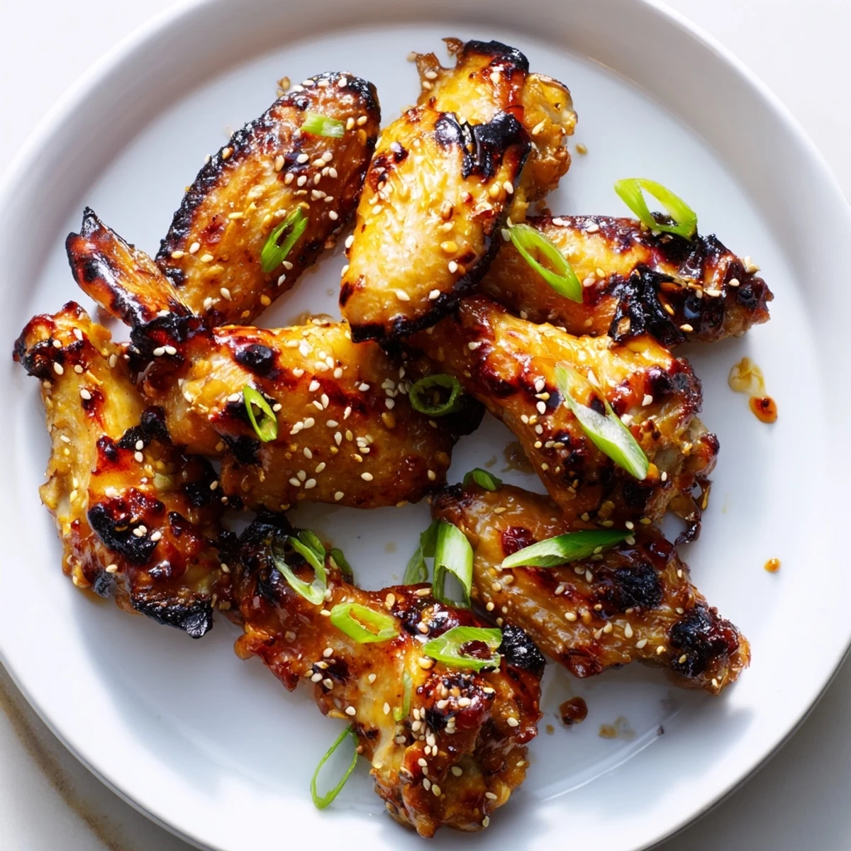 Caramelized miso honey marinated chicken wings arranged on parchment with sticky golden glaze