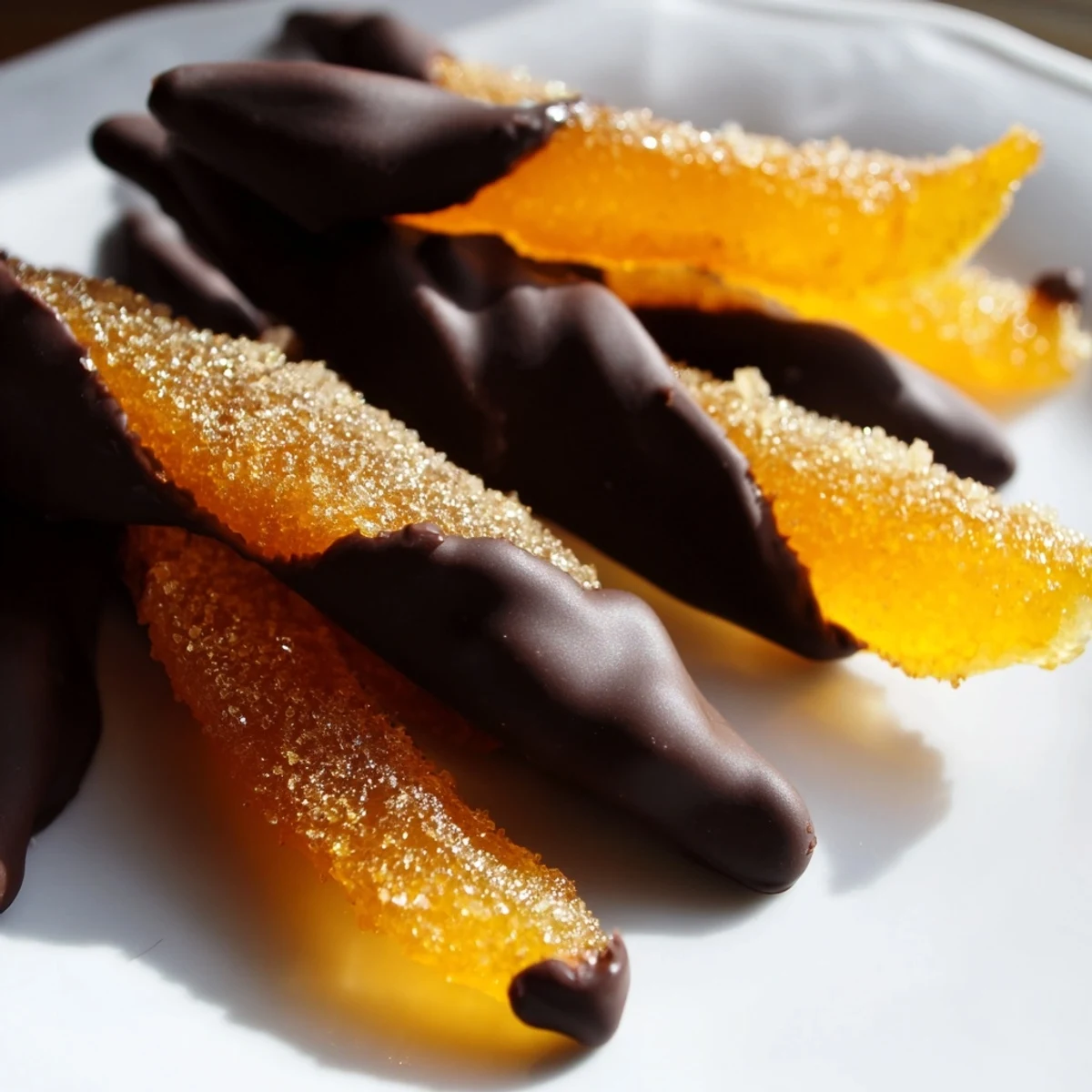 Rich dark chocolate coated orange peels with sweet citrus shine