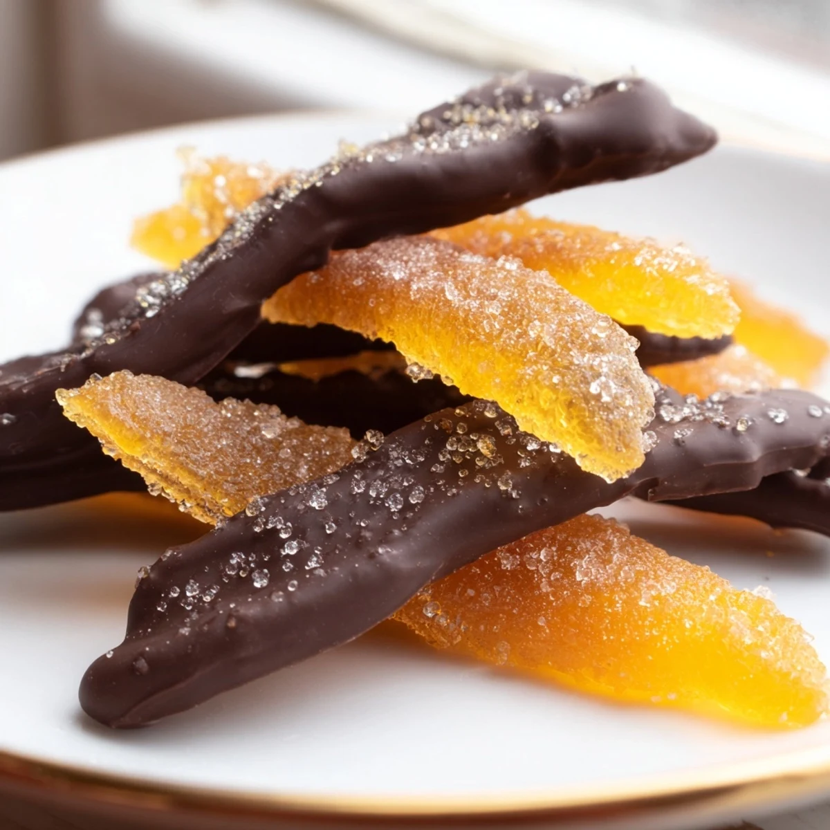 Glistening candied chocolate covered orange peels arranged on parchment paper