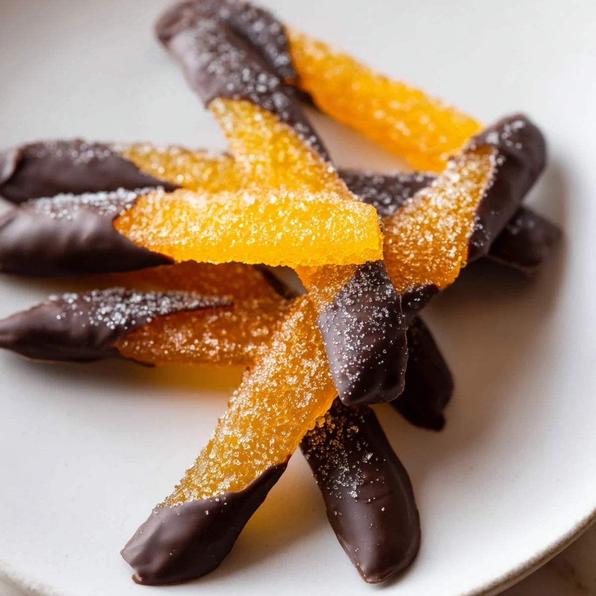 Elegant chocolate covered orange peels dusted with sparkling sugar crystals