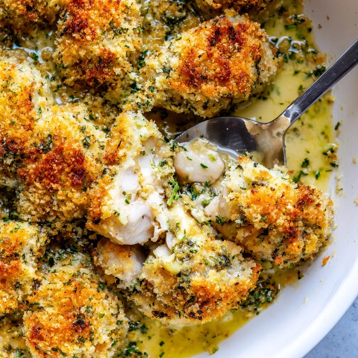 Golden crispy breadcrumb topping on this bubbling Chicken Kiev Casserole fresh from the oven