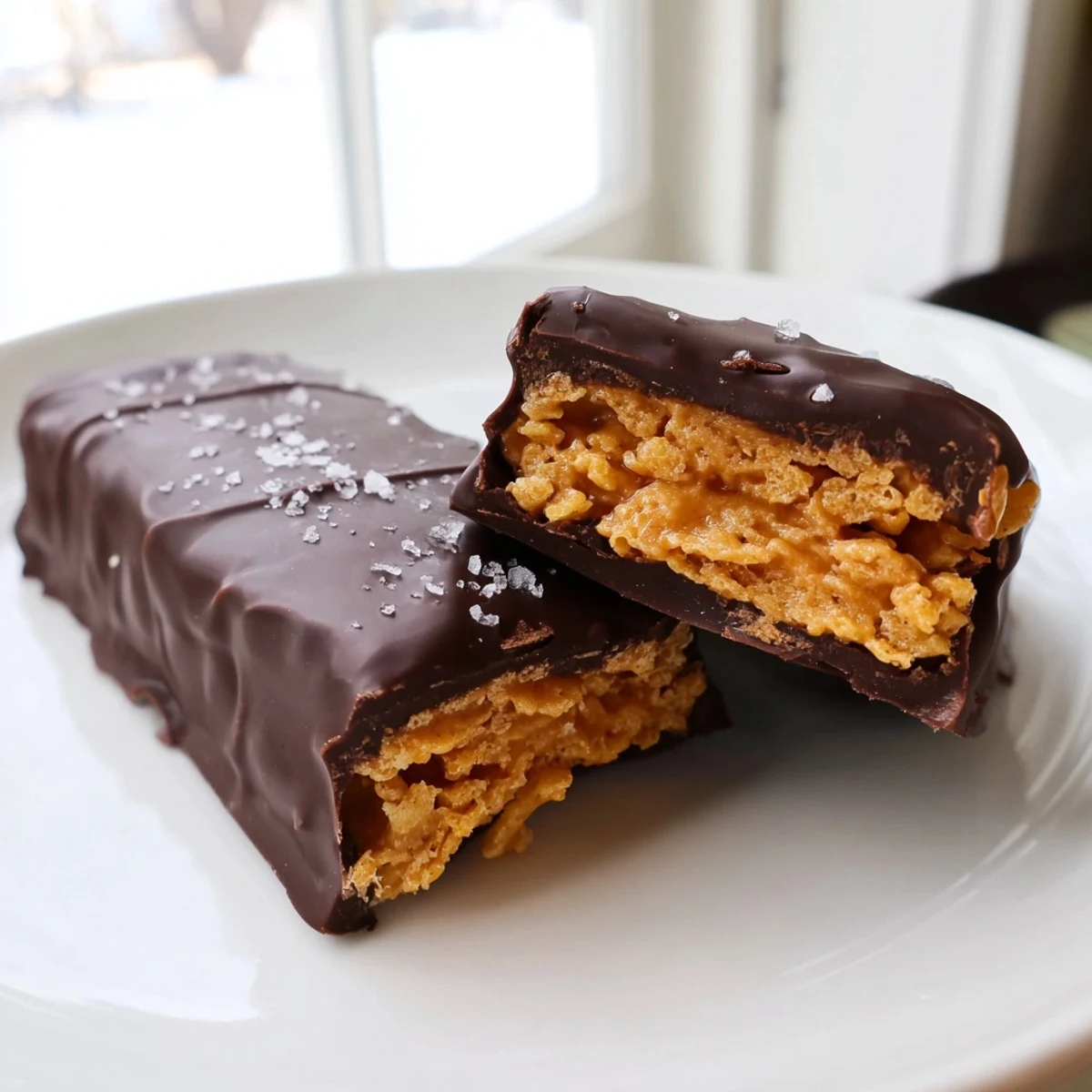 Healthy Homemade Butterfingers bars dipped in glossy dark chocolate on a rustic wooden cutting board