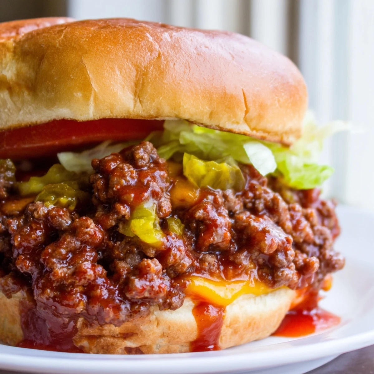 Smash Burger Sloppy Joes bubbling in tangy ketchup mustard sauce with pickles