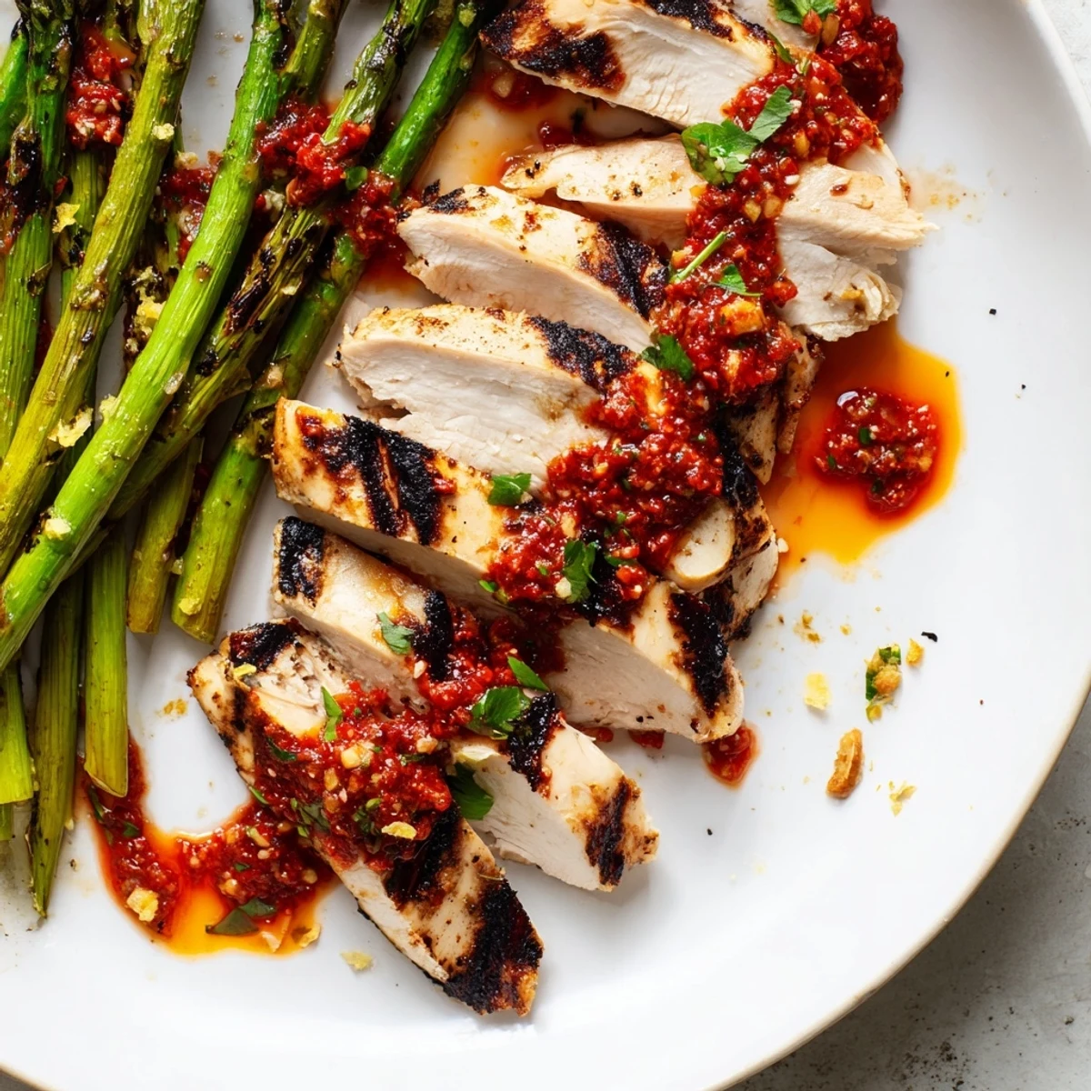 Juicy grilled asparagus chicken with Calabrian chili sauce drizzled over a rustic white plate