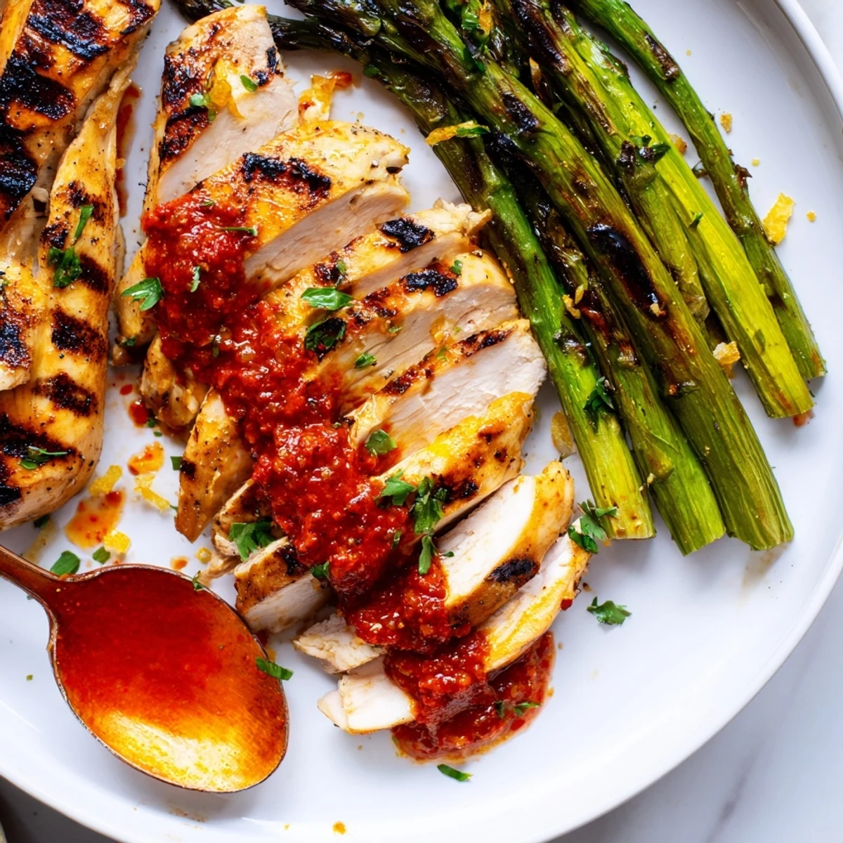 Golden grilled chicken breast resting alongside charred asparagus with vibrant red Calabrian chili sauce