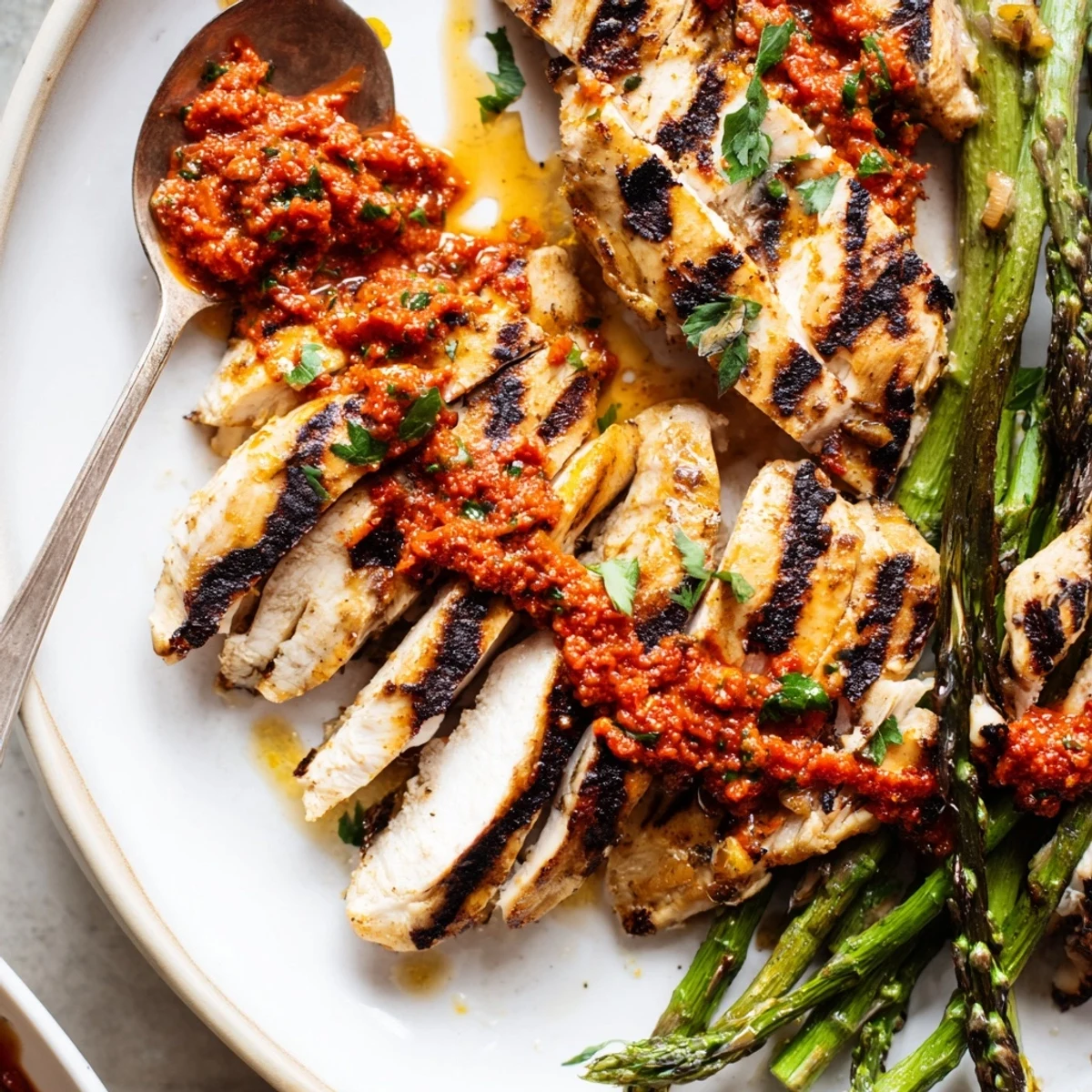 Perfectly seared grilled asparagus chicken topped with glossy Calabrian chili sauce and fresh parsley