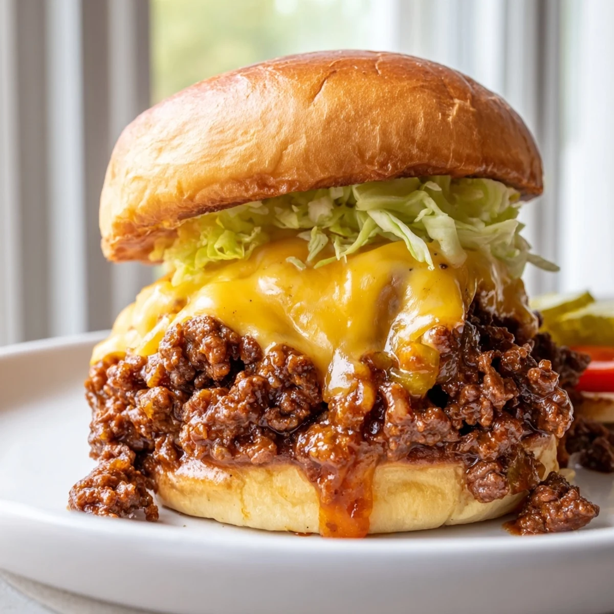 Juicy Smash Burger Sloppy Joes with melted cheddar on a golden toasted bun