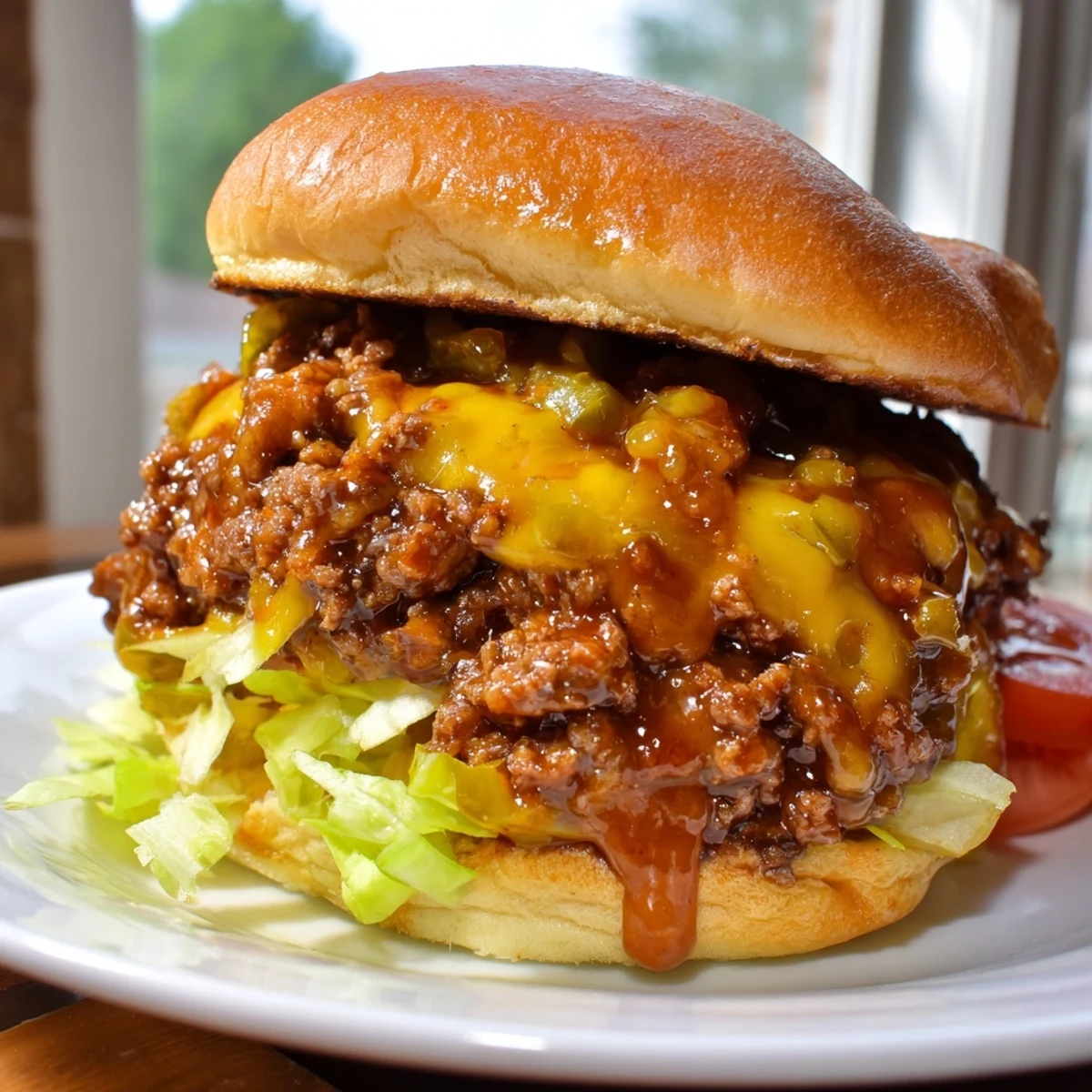 Saucy Smash Burger Sloppy Joes topped with pickles lettuce and ripe tomato
