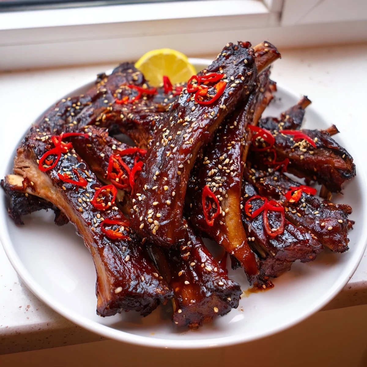 Korean BBQ lamb ribs glazed with gochujang and drizzled with bright yuzu citrus