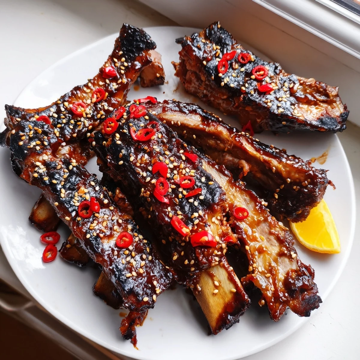 Tender caramelized Korean BBQ lamb ribs topped with sesame seeds and fresh yuzu wedges