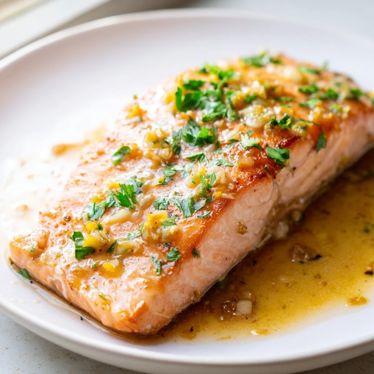 Golden garlic butter salmon fillets glistening in a rich lemon herb pan sauce