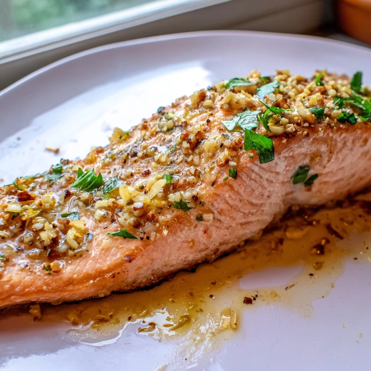 Pan-seared garlic butter salmon topped with fresh parsley and lemon wedges