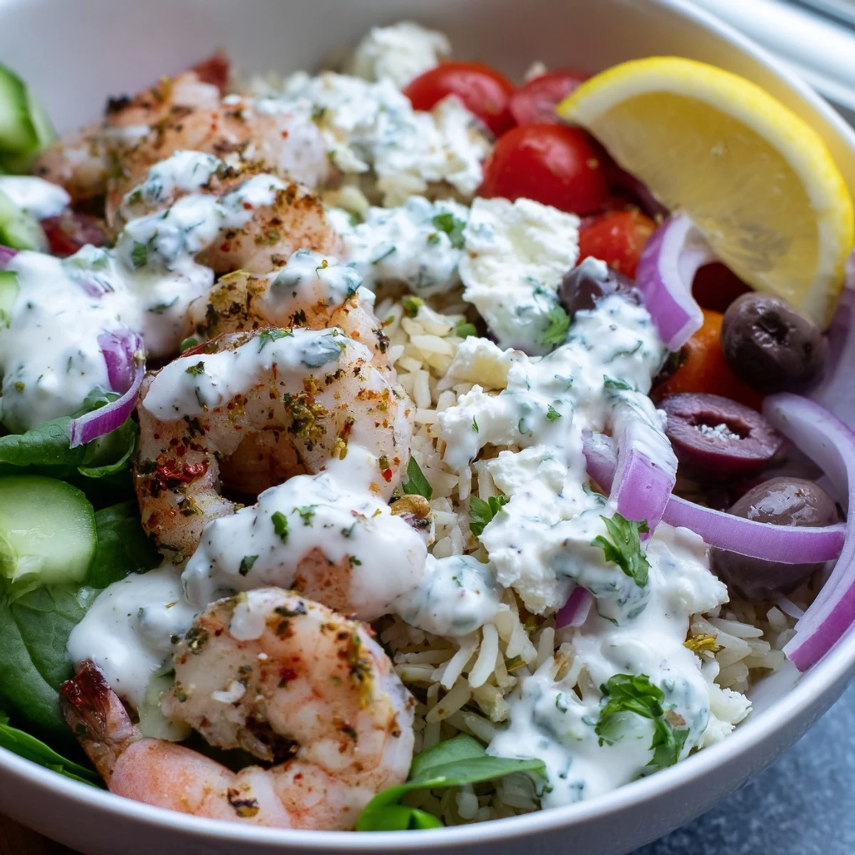 Juicy Greek Shrimp Mediterranean Bowl with vibrant veggies, lemony rice, and cool tzatziki