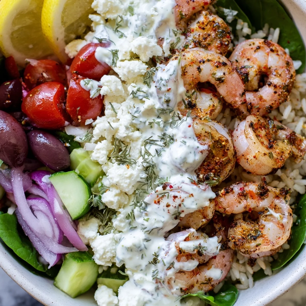 Golden seared shrimp atop a Greek Shrimp Mediterranean Bowl with fresh spinach and feta