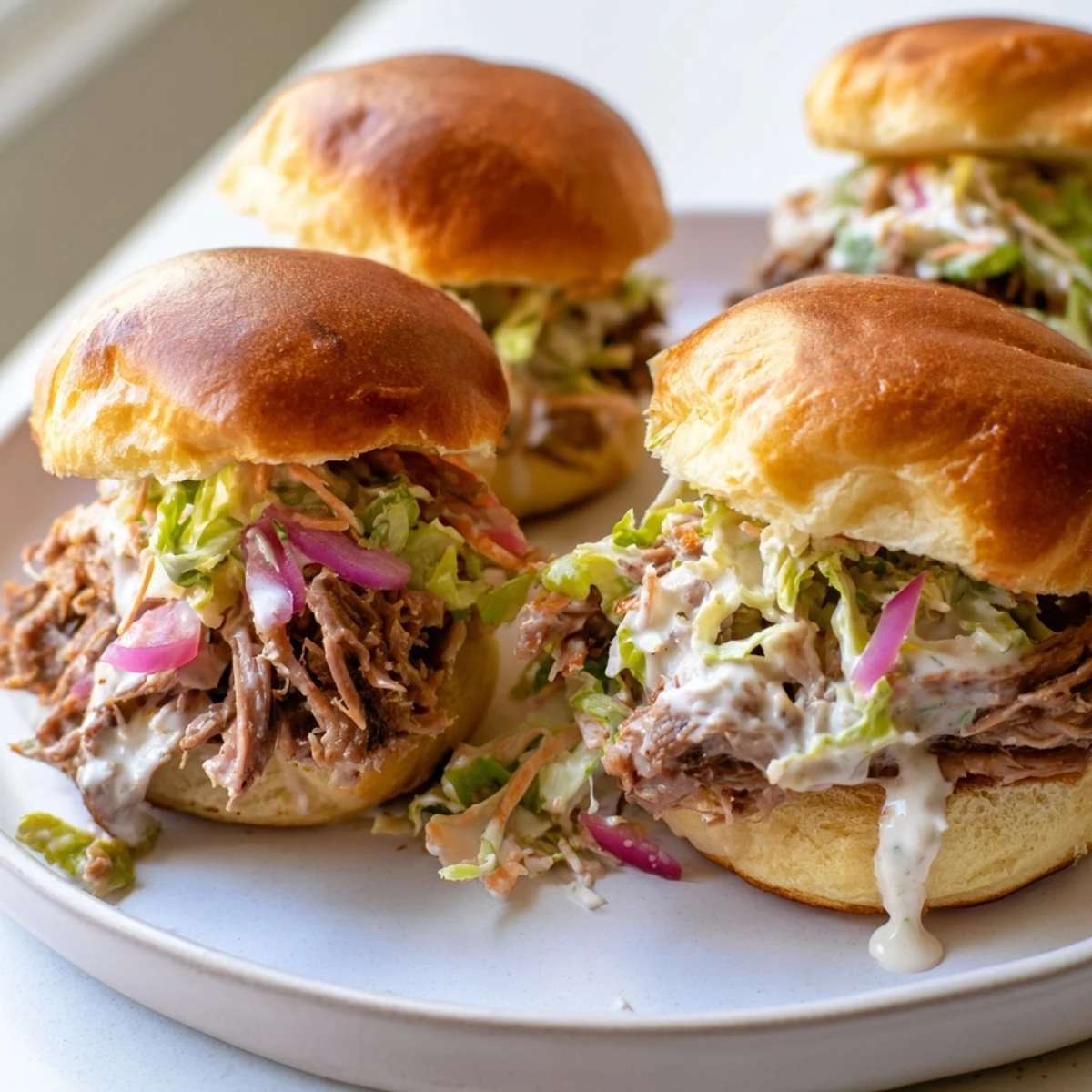 Creamy tangy Alabama white sauce pulled lamb sliders piled high with crisp cabbage slaw