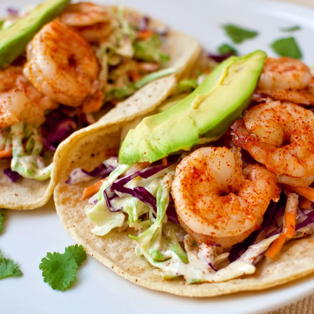 Crispy cabbage slaw topping perfectly charred spicy shrimp tacos with fresh lime wedges