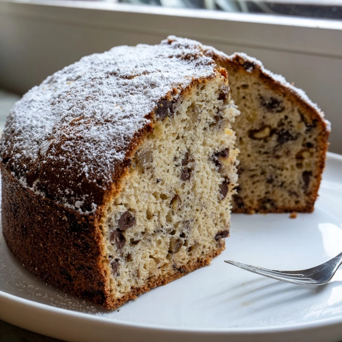 A golden moist banana cake sliced on a rustic wooden serving board