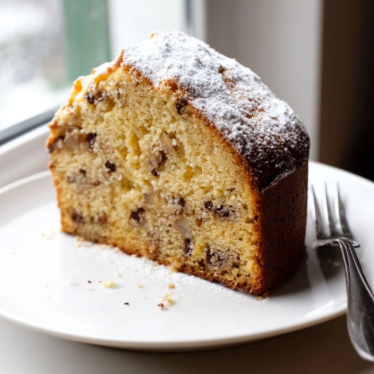 Warm homemade banana cake topped with powdered sugar beside a cup of tea