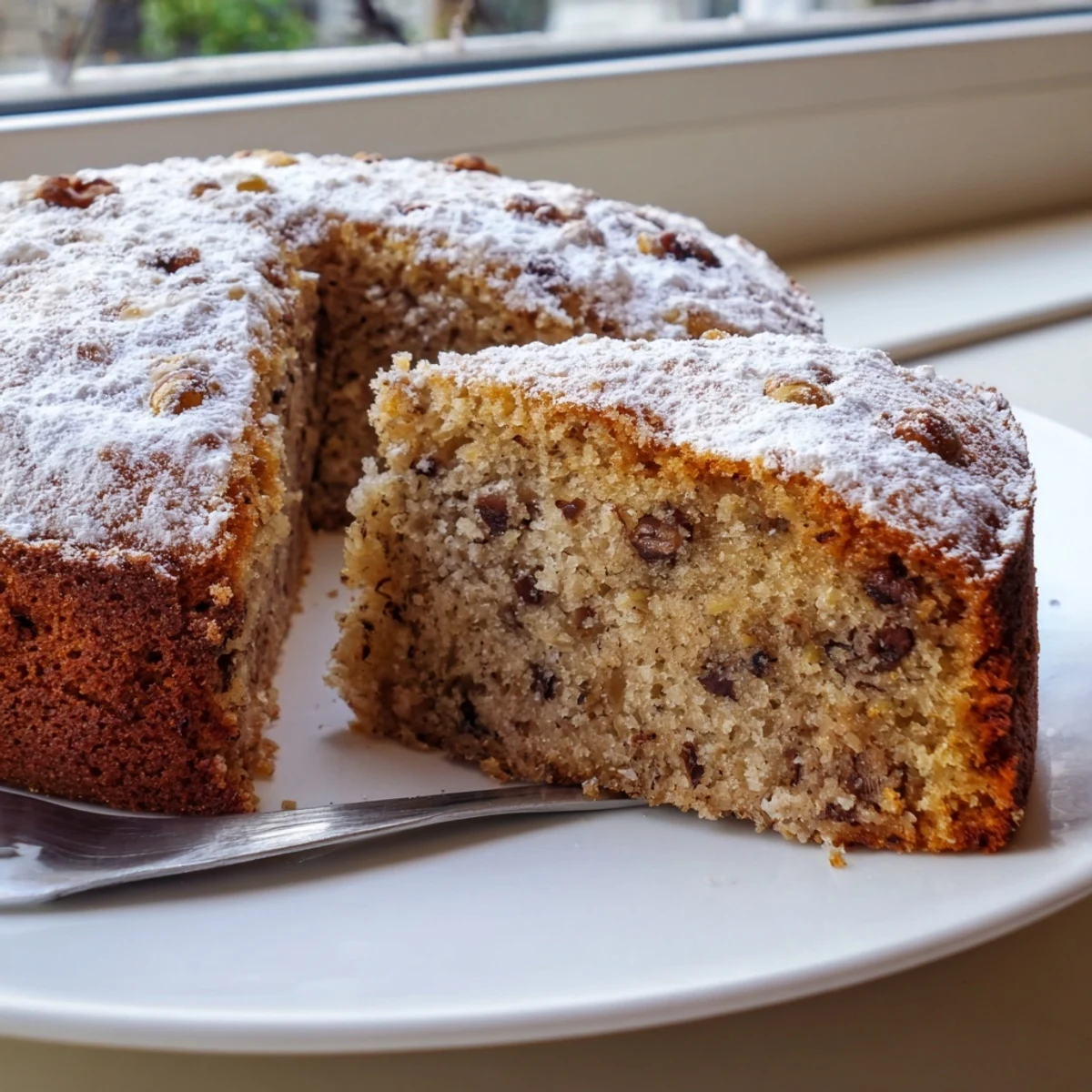 A tender banana cake with chocolate chips fresh from the oven on a wire rack