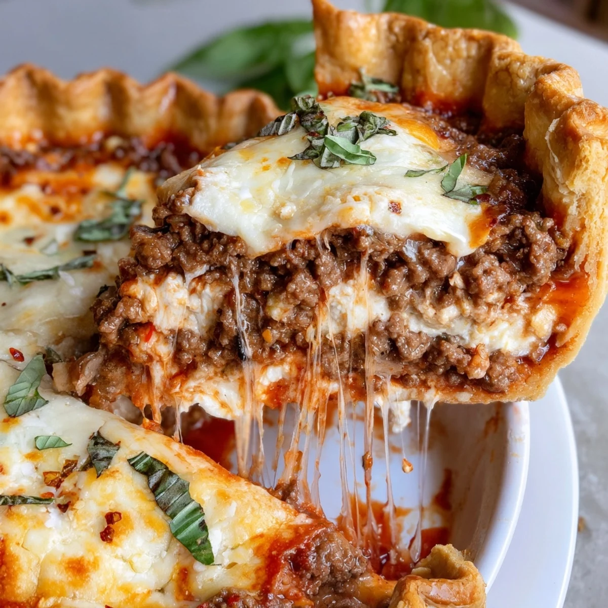 Golden bubbling cheesy lasagna pie with gooey layers fresh from the oven