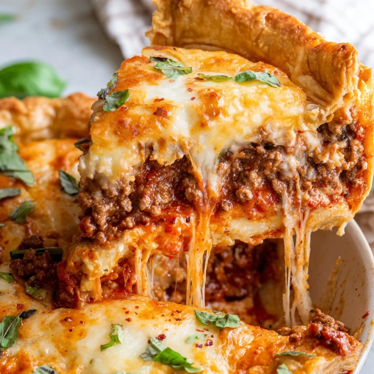 Creamy ricotta and melted mozzarella stretch from a thick cheesy lasagna pie slice