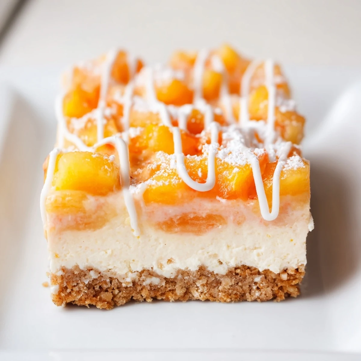 Creamy Peaches And Cream Cheesecake Bars sliced on a rustic wooden cutting board