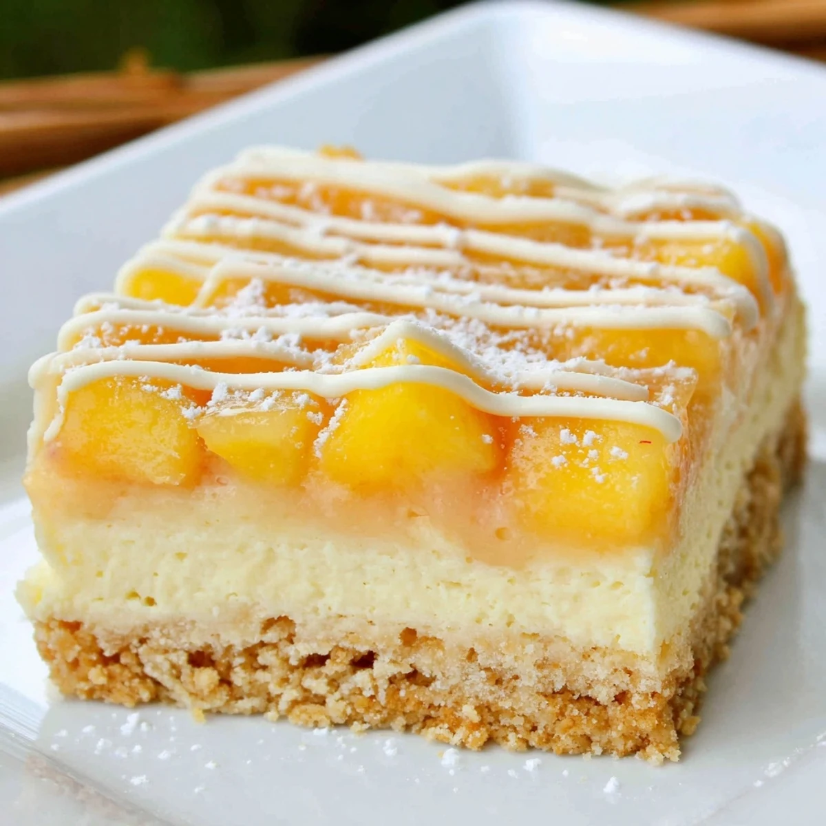 Golden buttery graham crust beneath luscious Peaches And Cream Cheesecake Bars with juicy fruit