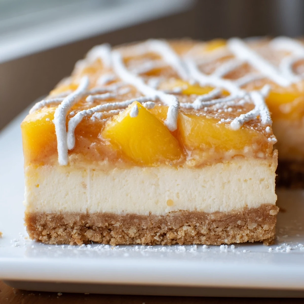 Chilled Peaches And Cream Cheesecake Bars topped with fresh peach slices and whipped cream drizzle