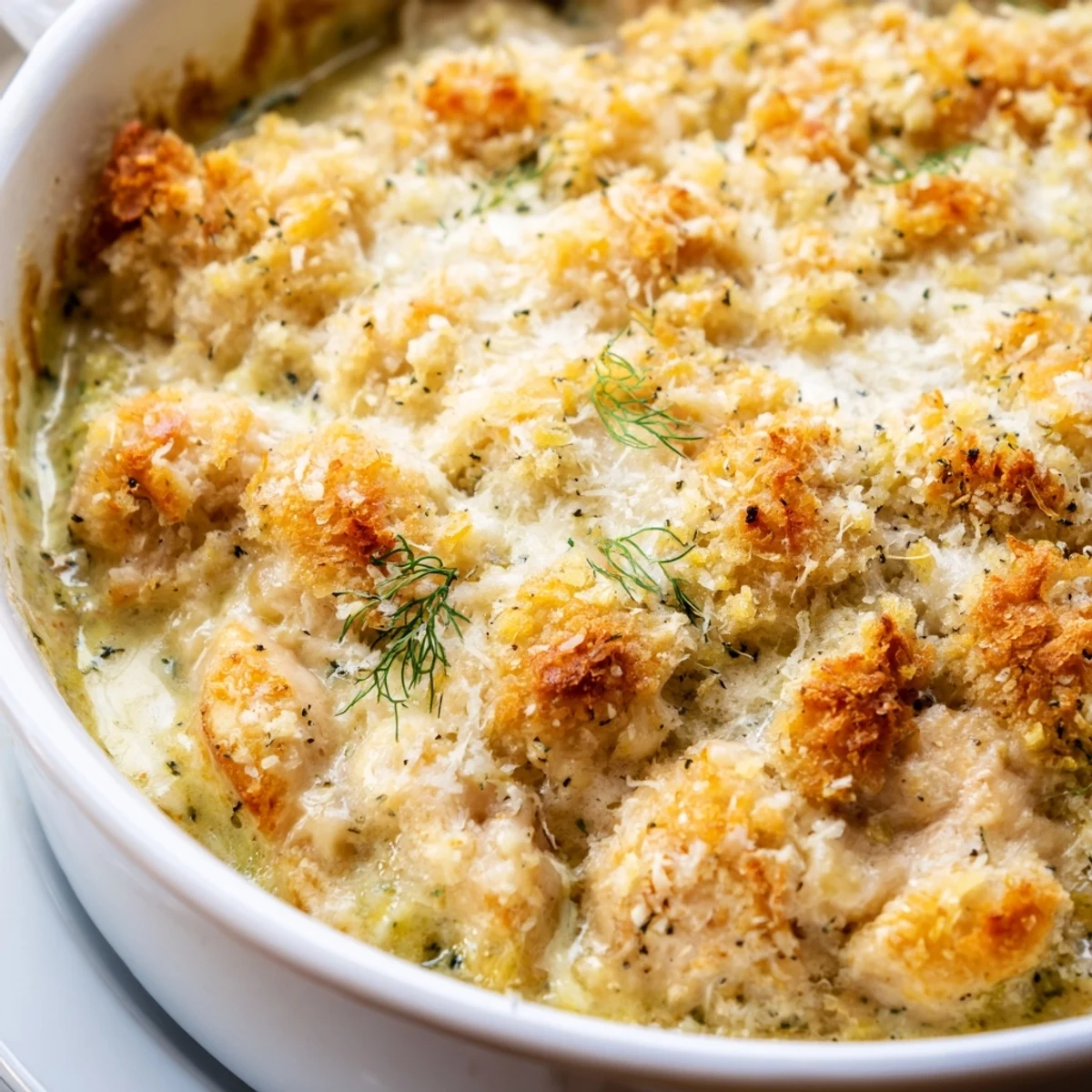 Golden crispy breadcrumb topping on a bubbling chicken kiev casserole fresh from the oven.