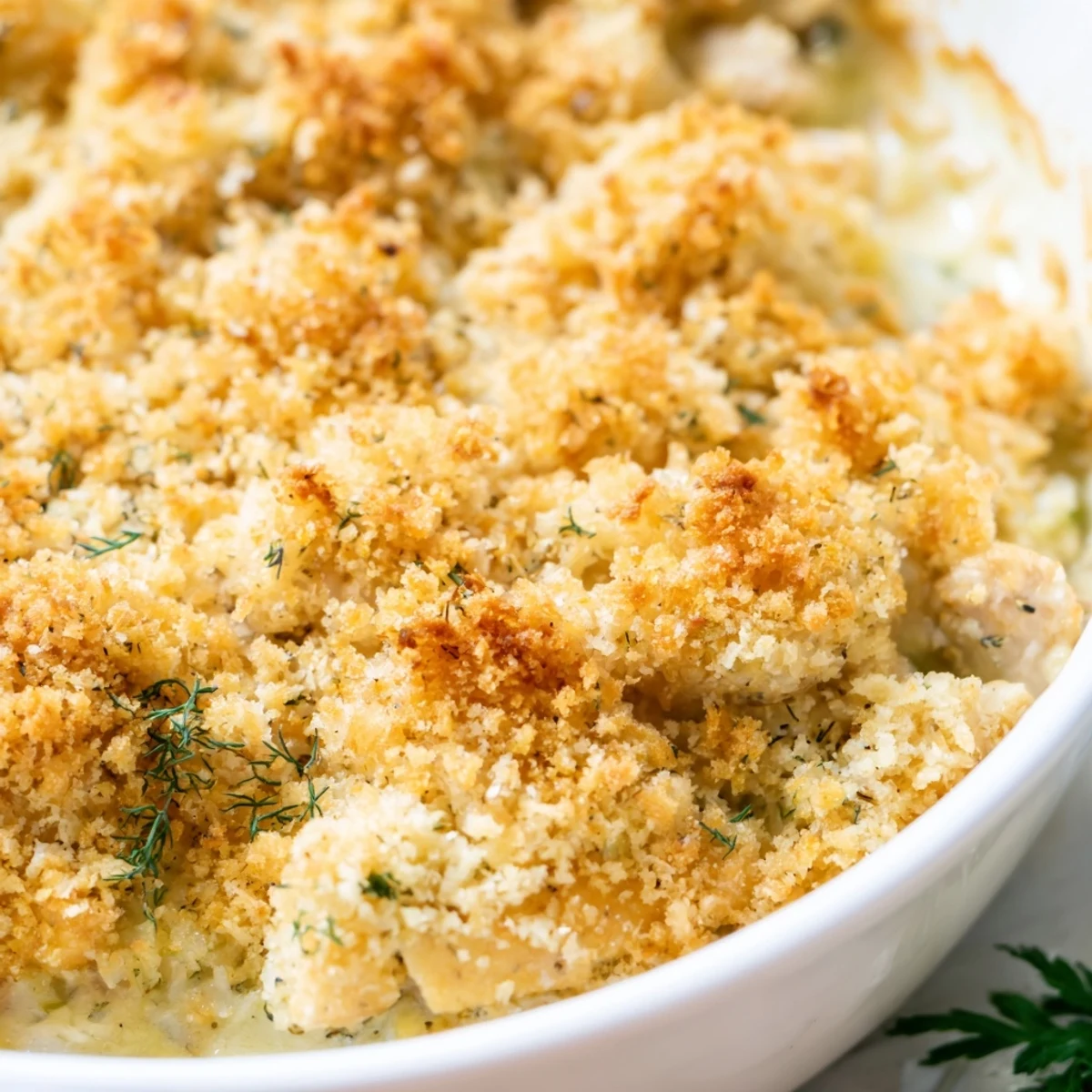 Creamy garlic herb sauce coats tender chicken pieces in this comforting chicken kiev casserole.