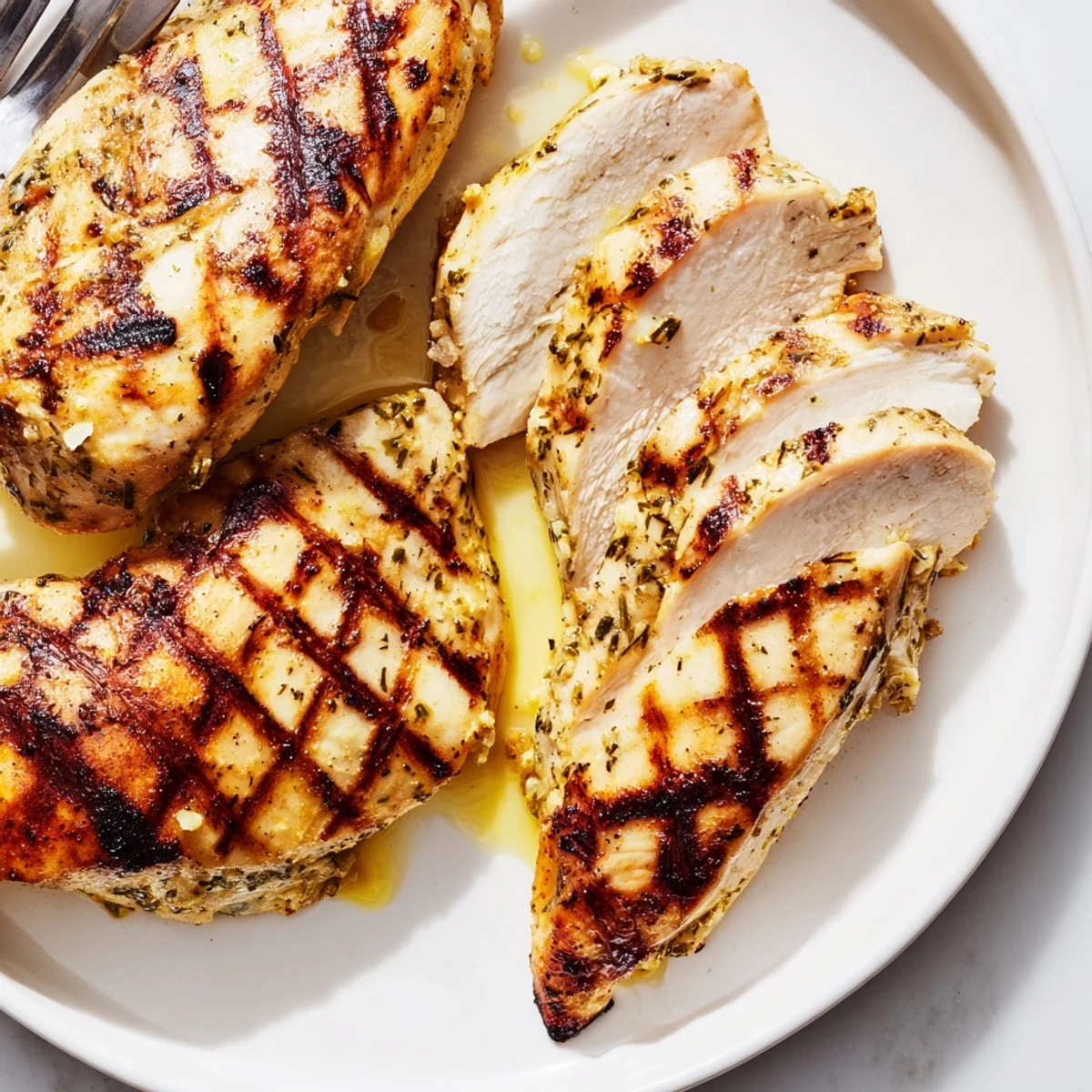 Golden grilled mayo marinated chicken with crisp charred edges on a rustic platter