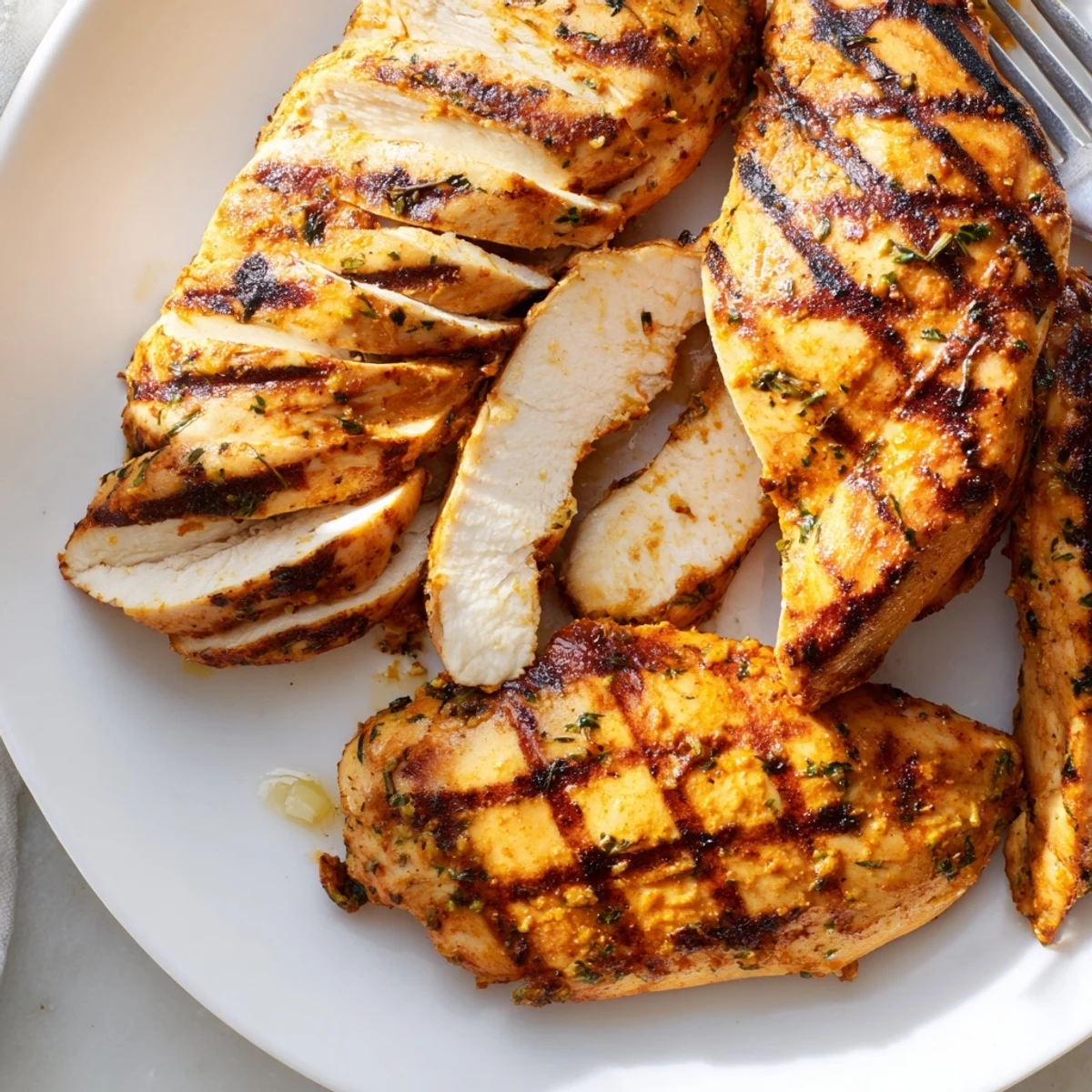 Creamy mayo marinated grilled chicken sliced open revealing tender juicy herb seasoned meat