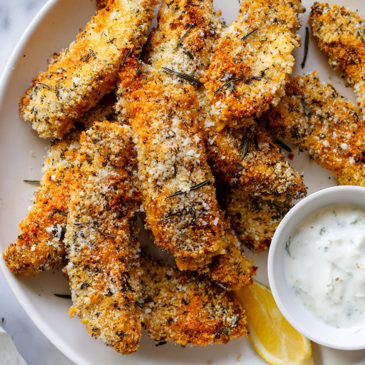 Golden crispy Greek chicken strips on a rustic plate with fresh lemon wedges and tzatziki dip