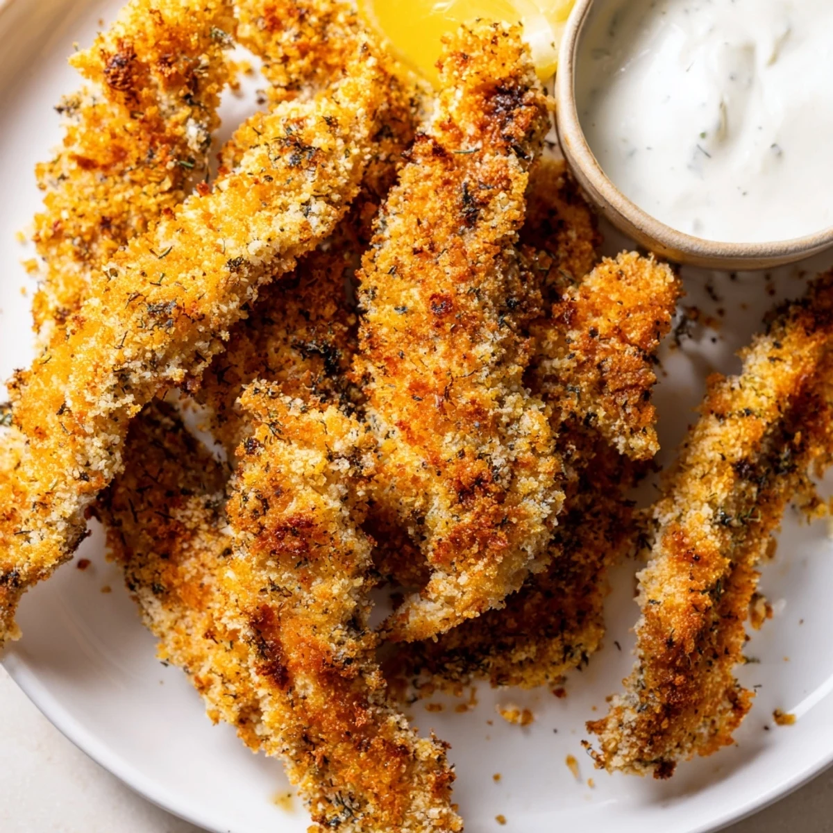 Close-up of Mediterranean herb marinated crispy Greek chicken strips showing crunchy herbed panko Parmesan coating