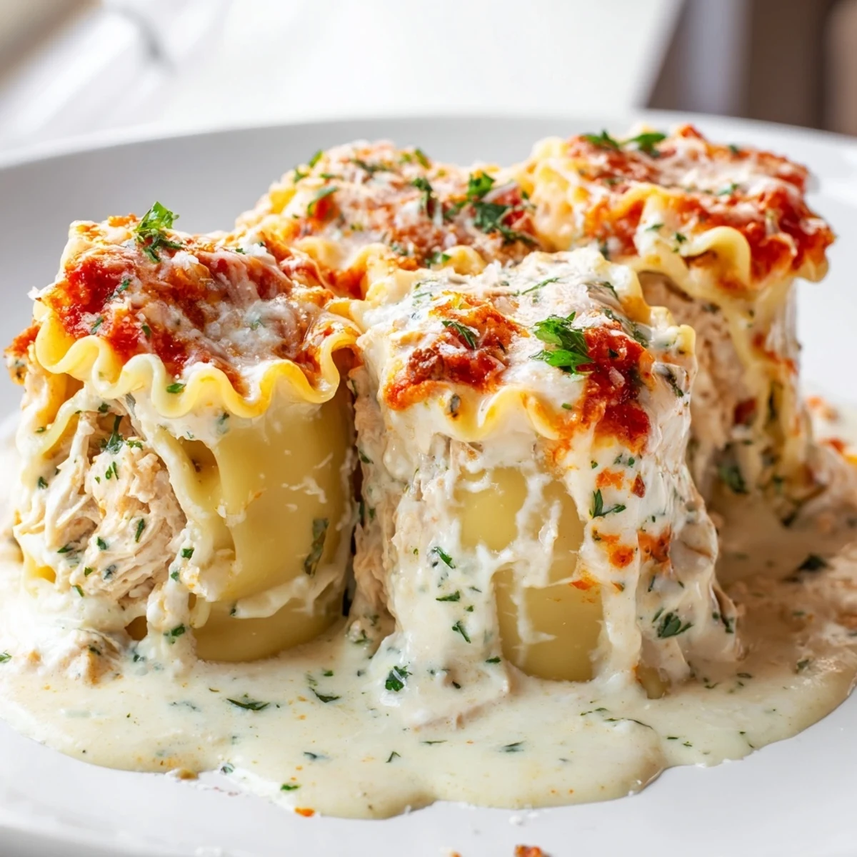Tender Garlic Parmesan Chicken Lasagna Roll Ups drizzled with rich marinara and garnished with fresh parsley