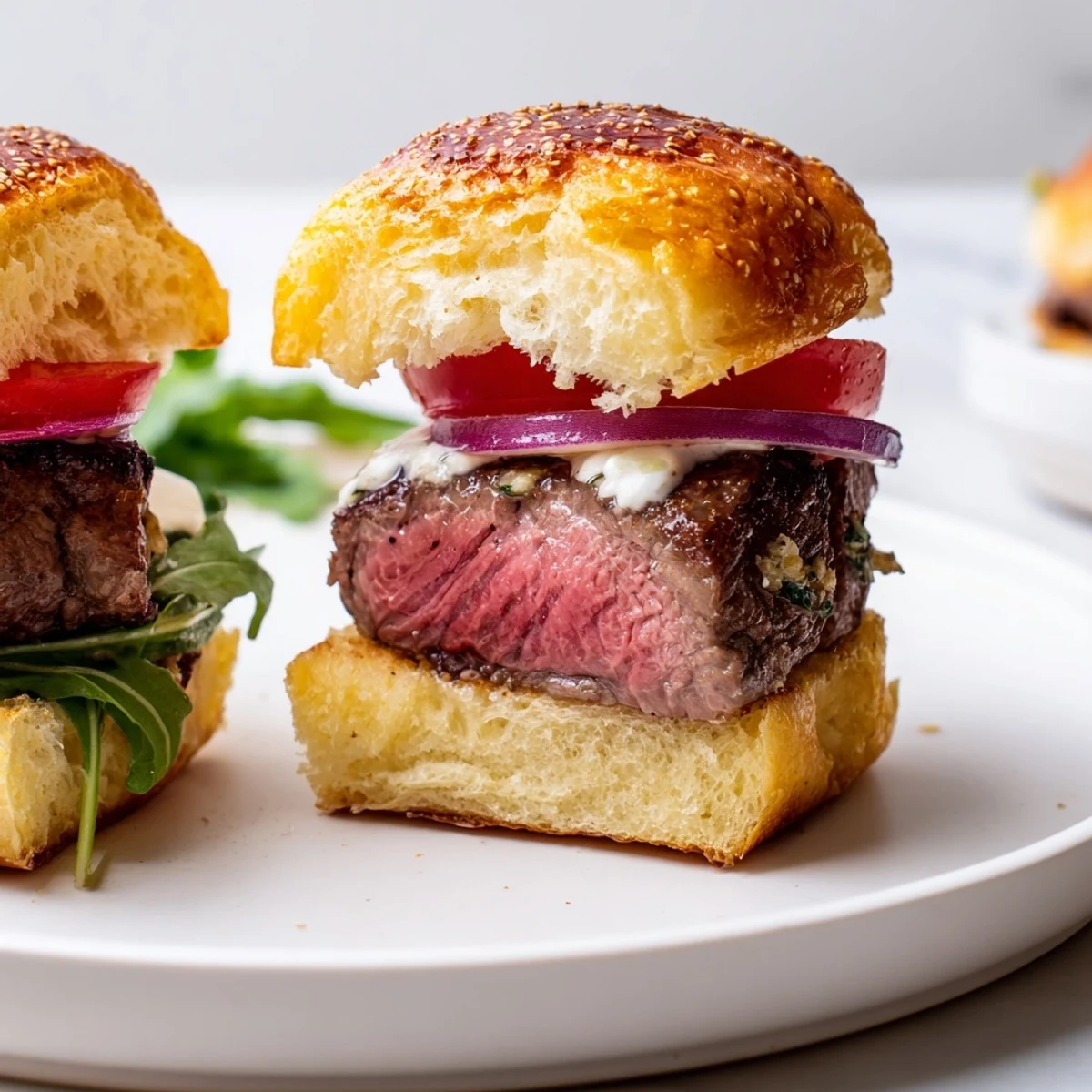 Juicy filet mignon sliders on golden garlic parmesan rolls topped with arugula and caramelized onions
