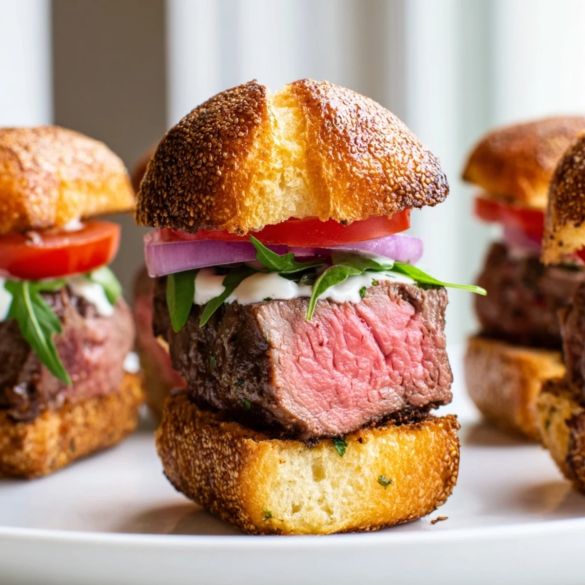 Tender filet mignon sliders served on toasted garlic parmesan rolls with fresh tomato and greens