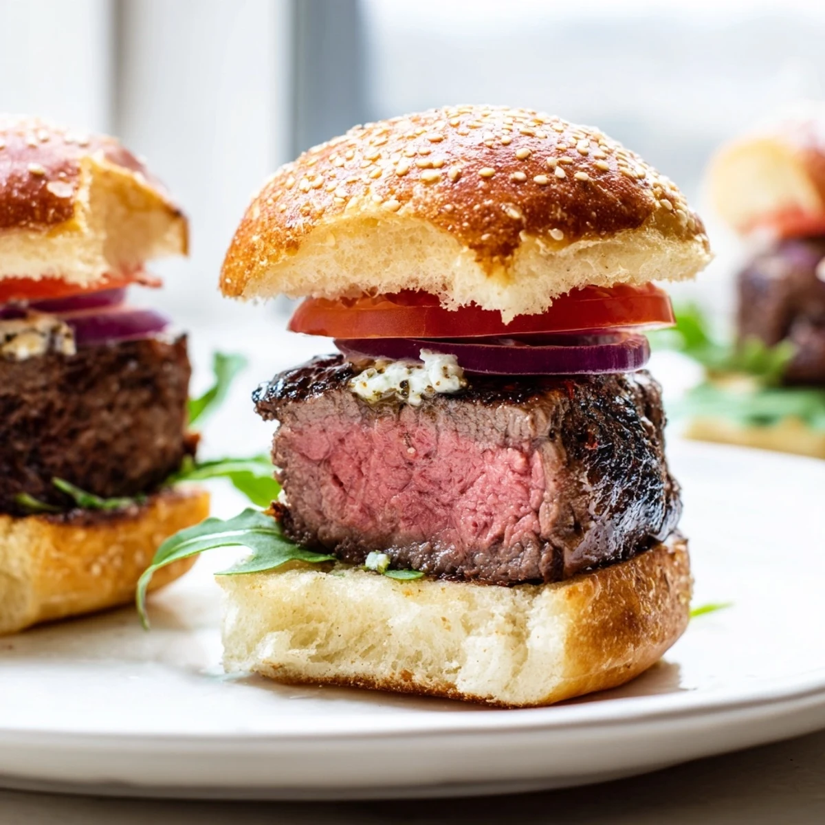 Savory filet mignon sliders nestled between warm garlic parmesan buns drizzled with horseradish cream