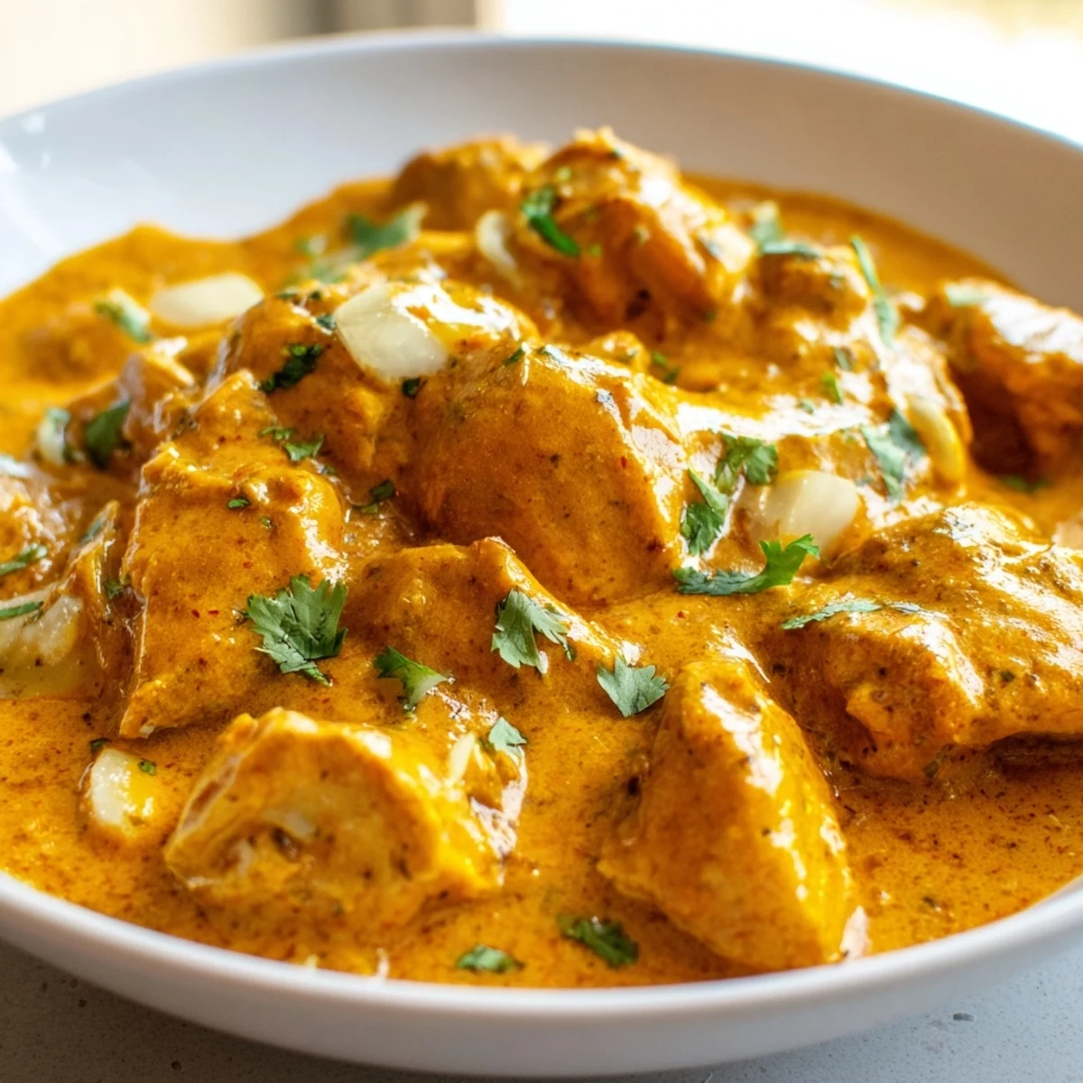 Crockpot Butter Chicken simmering in a golden, spiced tomato cream sauce