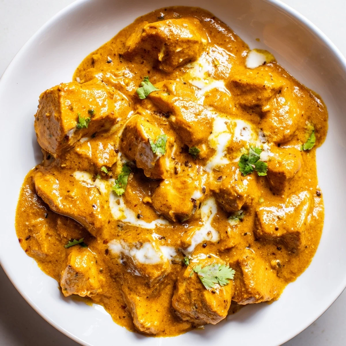 Tender Crockpot Butter Chicken served over fluffy basmati rice with cilantro